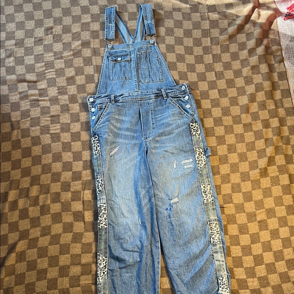 Pilcro Blue Denim Overalls with Leopard Print